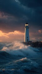 Fototapeta premium Dramatic Lighthouse Sunset with Crashing Waves and Stormy Sky
