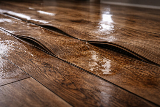 Closeup of buckled hardwood planks after water exposure, illustrating moisture intrusion, home repair needs, and costly interior property damage.