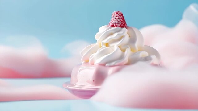 A cake stands out against a light blue background. The cake features soft pastel colors and is topped with whipped cream and raspberries. The focus is on the creative dessert design