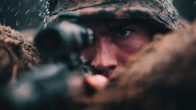 Soldier behind sandbags in a foxhole checking a rifle scope in rain in a close up with helmet and uniform on a battlefield with soft light