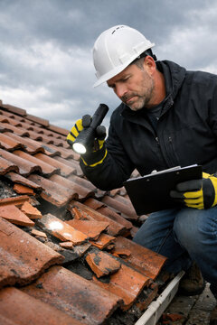 Professional roof inspector in safety gear checking cracked clay tiles with flashlight and clipboard, assessing storm damage and preparing maintenance or insurance report.