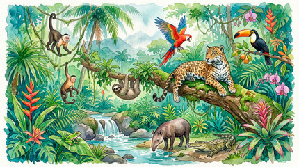 Fototapeta premium Rainforest animals living in tropical jungle watercolor