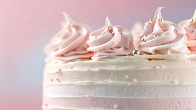 A pastel cake is being decorated with soft frosting and sprinkles. The kitchen is bright as the cake takes shape for a birthday party or gathering. Watch the steps to create this treat