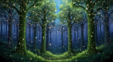 Fototapeta premium Enchanted Forest Path with Glowing Stars and Magical Trees