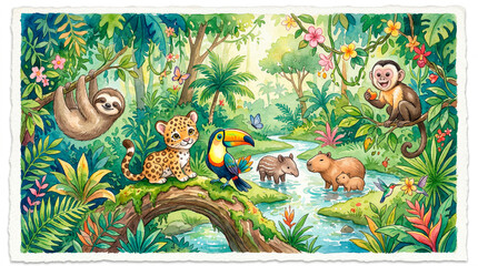Fototapeta premium Jungle animals together playing in tropical rainforest