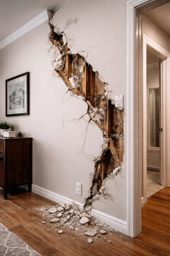 Large crack exposing wooden studs and insulation inside a residential wall, illustrating structural failure, foundation issues, and home repair needs.