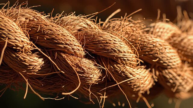 Extreme Close Up Macro Shot Of A Thick Natural Fiber Rope With Frayed Ends And Detailed Texture Under Warm Sunlight With Soft Bokeh Background