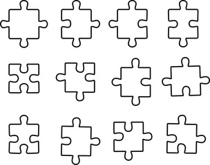 Naklejka premium Black puzzle piece vector set collection group with jigsaw element icons, connection solution symbol isolated on transparent background, outline silhouette editable minimalist design
