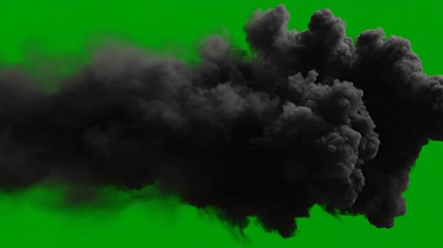 A large cloud of black smoke is seen from a close-up viewpoint in a green environment