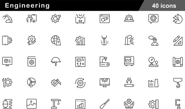 Engineering Thin Line Icons Set Mechanical Precision Tools, Systems Monitoring, Industrial Infrastructure, Digital CAD Integration and Technical Development Symbols for Innovation