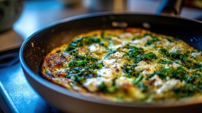 A vibrant spinach and feta cheese omelet cooked in a skillet, ready to be served and enjoyed.