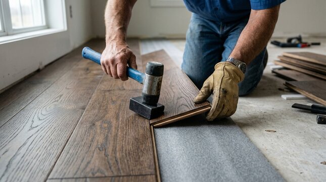 A worker installing wooden flooring in a room with a hammer and planks nearby from a close-up viewpoint