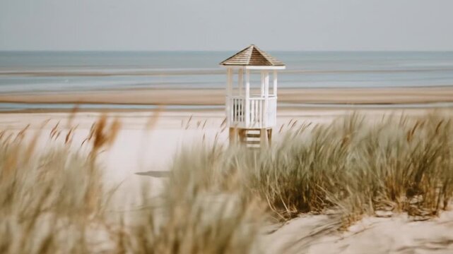 Coastal path leads to gazebo on sandy beach with ocean and sky.