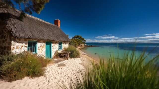 Quaint stone cottage with thatched roof sits on sandy beach by clear blue ocean.