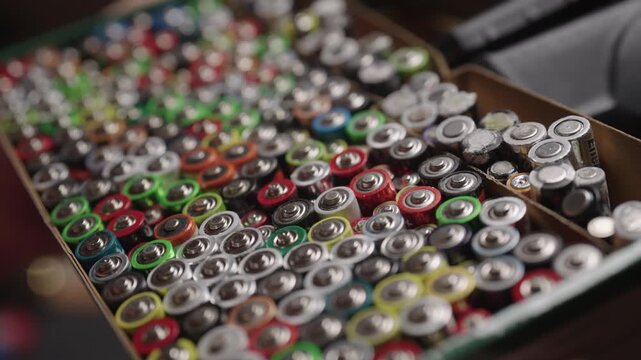 Hand holding cardboard box overflowing with numerous used aa, aaa, and various size batteries, representing electronic waste and urgent need for recycling programs, close-up, slow motion.