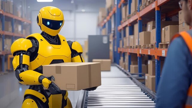 Yellow humanoid robot lifting cardboard box from conveyor belt in distribution warehouse. Automated logistics and fulfillment center operations. Panning camera movement.