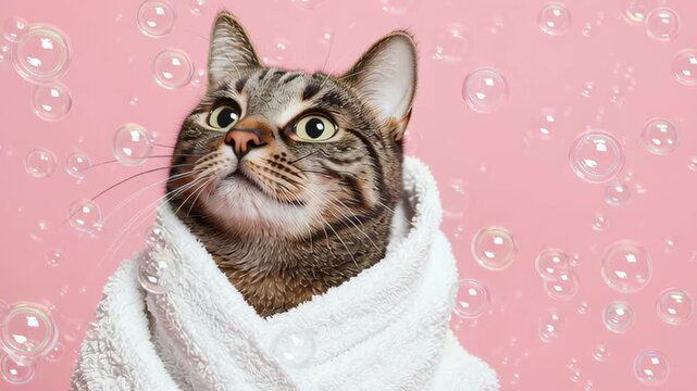 Cute tabby Cat wrapped white towel among floating soap bubbles. Pet grooming concept. Copy Space. Place for text. Bathed Kitten Pink Background. Feline hygiene. Health care banner. Veterinary medicine