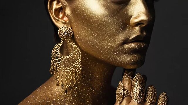 Close Up Portrait of a Person Covered in Gold Body Paint with Ornate Jewelry.