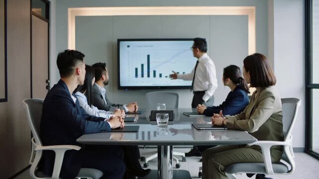 Asian manager explaining financial growth charts to diverse team in boardroom. Backward camera movement revealing meeting scene.