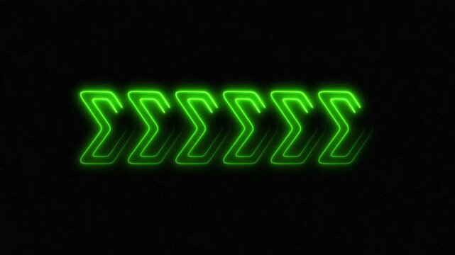 Bright Green Neon Arrows in a Row on a Textured Dark animated Background light, glowing neon green pattern of multiple chevron arrows pointing to the right animation.