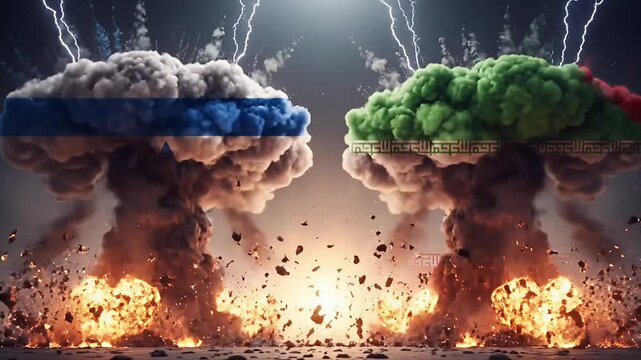 Nuclear crisis concept showing iran and israel symbolic explosion clouds representing extreme conflict escalation geopolitical tension and global danger video footage
