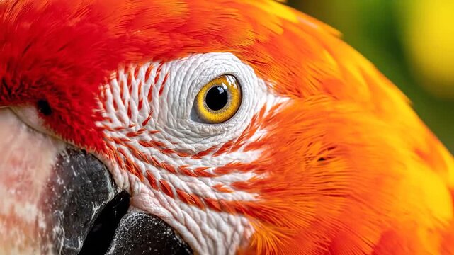 Extreme Close Up of a Vibrant Scarlet Macaw Parrots Eye and Feathers Showing Intricate Detail and Bright Colors in a Tropical Rainforest Setting.