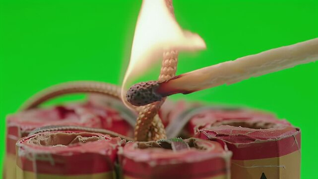Lighting a bundle of dynamite with a match against a green screen background.
