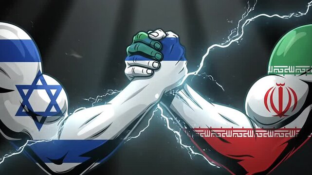 Geopolitics rivalry illustration showing iran and israel power struggle through symbolic arm wrestling concept representing conflict tension diplomacy and global crisis video footage