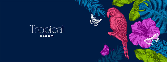 Vintage tropical background with exotic vibe. Parrot, tropical leaves, hibiscus, butterflies. Coffee, restaurant, food packaging, event decor concept. Hand drawn sketch vector illustration. © pim