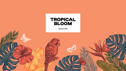 Tropical background with exotic vibe. Parrot, tropical leaves, hibiscus, butterflies. Coffee, restaurant, food packaging, event decor concept. Hand drawn retro sketch vector illustration. © pim