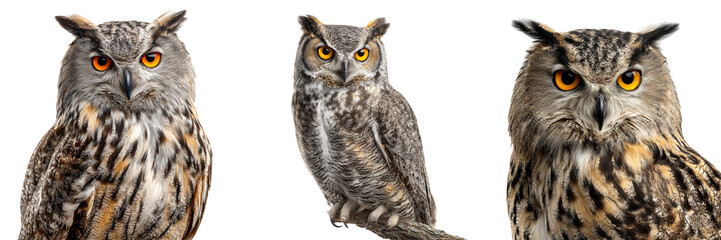 Obraz premium Set of Spotted owl perched on transparent png background. Ai generated