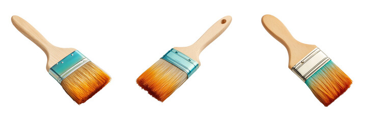 Fototapeta premium Set of Wooden and metal-handled paintbrushes lying flat on transparent png background. Ai generated