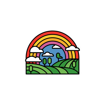 Colorful Rainbow over Green Hills and Clouds Illustration Flat Cartoon Style Landscape with Vibrant Rainbow and Trees.