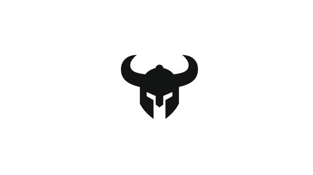 A symmetrical black silhouette of a helmet with horns on a white background