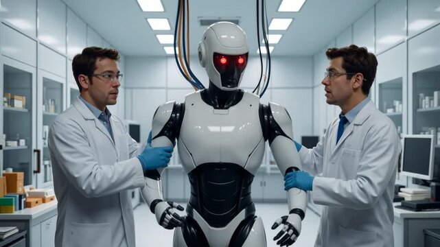Robotics engineers examining humanoid robot with glowing red eyes in high-tech laboratory. Panning camera shot.