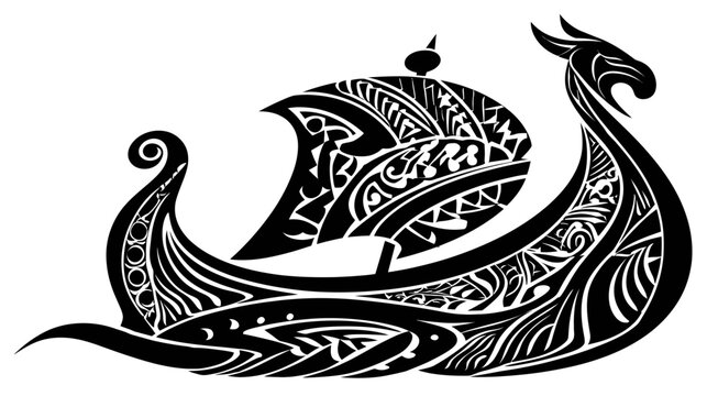Stylized, ornate depiction of a longship with a sail and intricate knotwork details