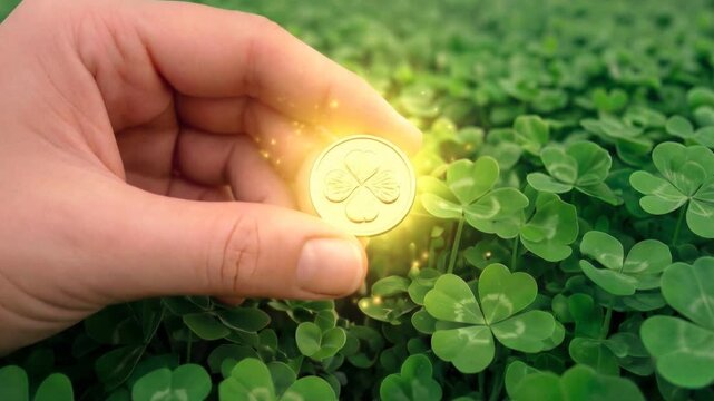 Hand holding golden coin with four-leaf clover engraving over field of green shamrocks. St Patricks Day luck and wealth concept. Static close-up shot.