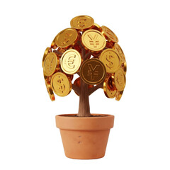 Growing Money Tree with Gold Coins and Global Currency Symbols