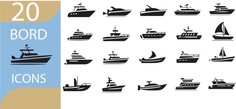 Set of simple vector sailing ship icons with small wooden boats on the sea in white silhouette style