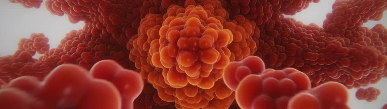 Cancerous cells showing abnormal growth and division, representing disease, oncology, and microscopic biology.