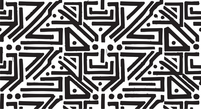 A seamless-style repetitive pattern featuring bold black lines, triangles, and dots. This hand-drawn geometric design combines ethnic tribal aesthetics with modern linear art, suitable for textiles.