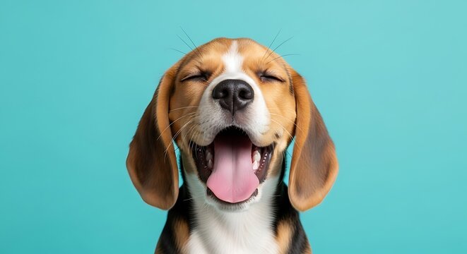 Close-up of a happy beagle dog with closed eyes and tongue out against a turquoise backdrop
