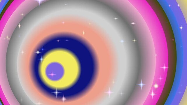 Dynamic circular motion graphics with swirling shapes and stars in a vibrant multicolored circular pattern