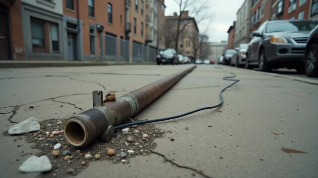 Street light lies on concrete pavement with debris scattered around. Urban setting includes nearby buildings and parked cars. Concept of city infrastructure, damage assessment, urban planning