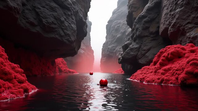 Surreal Scenic View of Red Bubbles Among Rocky Crater Landscape 
