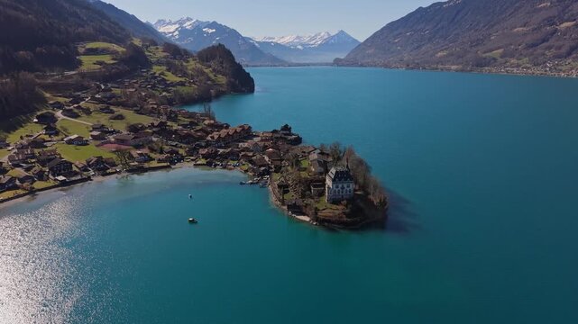 Iseltwald Pier Aerial Perspective, Famous Tourist Destination in Switzerland.
