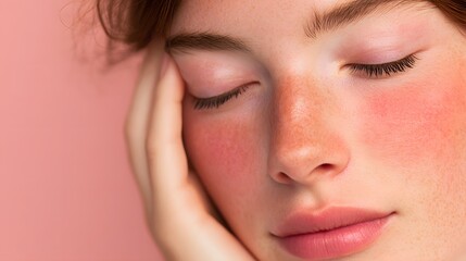 Obraz premium A woman with red eyes and a pinkish face is resting her head on her hand
