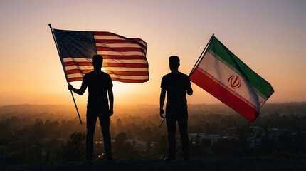 Fototapeta premium Two silhouetted figures on a hill at sunset holding US and Iran flags, Earth between them, symbolic global relations and diplomacy aesthetic.
