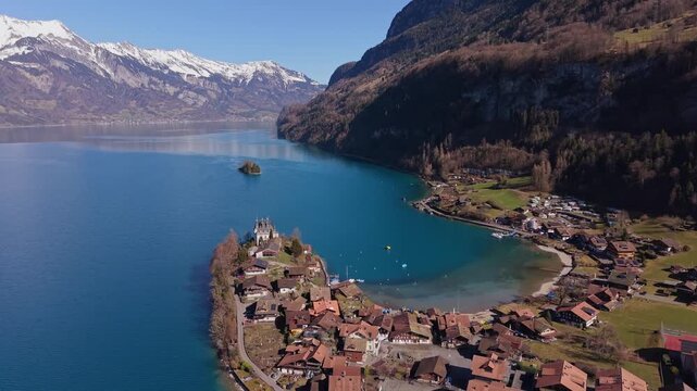 Cinematic Drone Flight over Iseltwald Pier, Famous Spot in Switzerland.
