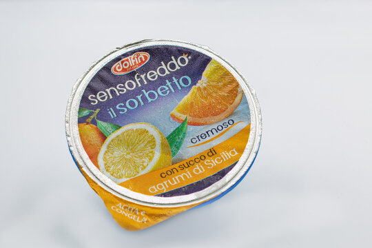 Dolfin Sensofreddo il sorbetto frozen dessert closeup on white.